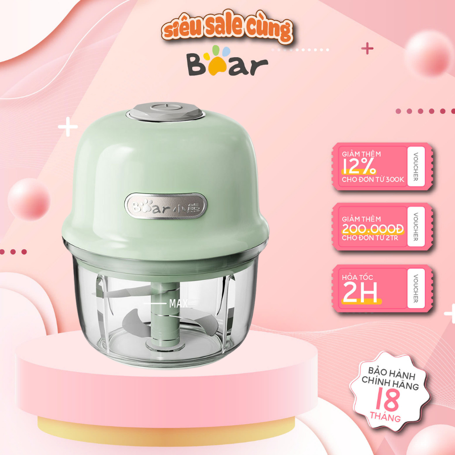 Máy xay tỏi ớt cầm tay mini Bear QSJ-E40B1, 150ml, Sạc pin 1300mAh, 3 Lưỡi dao inox,BH 18 Tháng