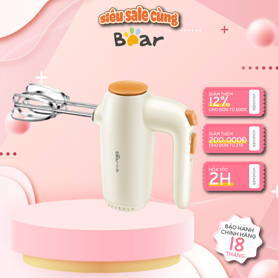 Máy đánh trứng cầm tay mini Bear DDQ-B01K1,125W, 5 tốc độ, que inox, đánh kem/bơ/sữa, BH 18 tháng