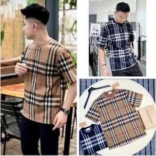 Áo phông nam nữ Premium Cotton BBR dệt hoạ tiết kẻ sọc caro toàn thân vàng bò/ xanh than Hottrend 2025