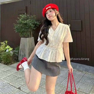 Áo babydoll  BLOOM thô boil cổ V hoạ tiết nơ nhỏ  viền eo Hàn Quốc HAVANA AO384