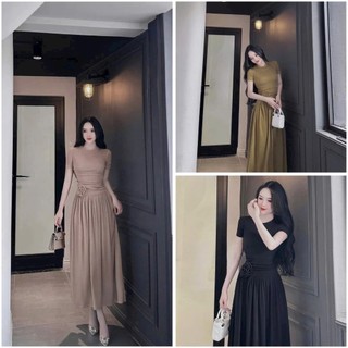 Váy đầm nữ chất thun tăm dáng xòe đính bông thiết kế thanh lịch duyên dáng