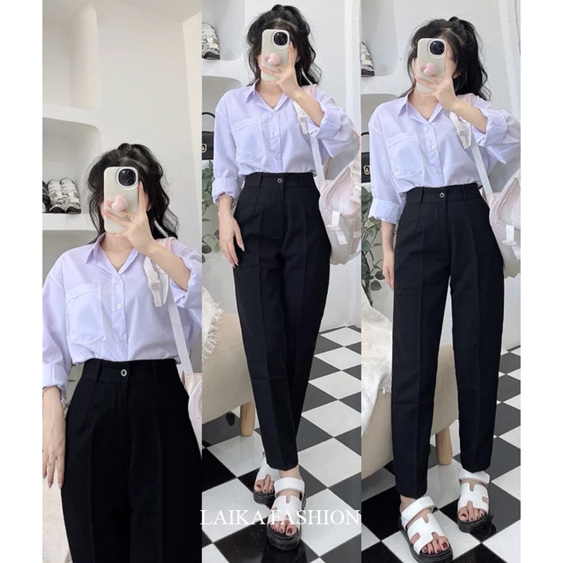 Quần tây nữ lưng cao đi học cấp 3 2 làm công nhân màu Đen Xanh Đen - Quần baggy học sinh nữ đi học v