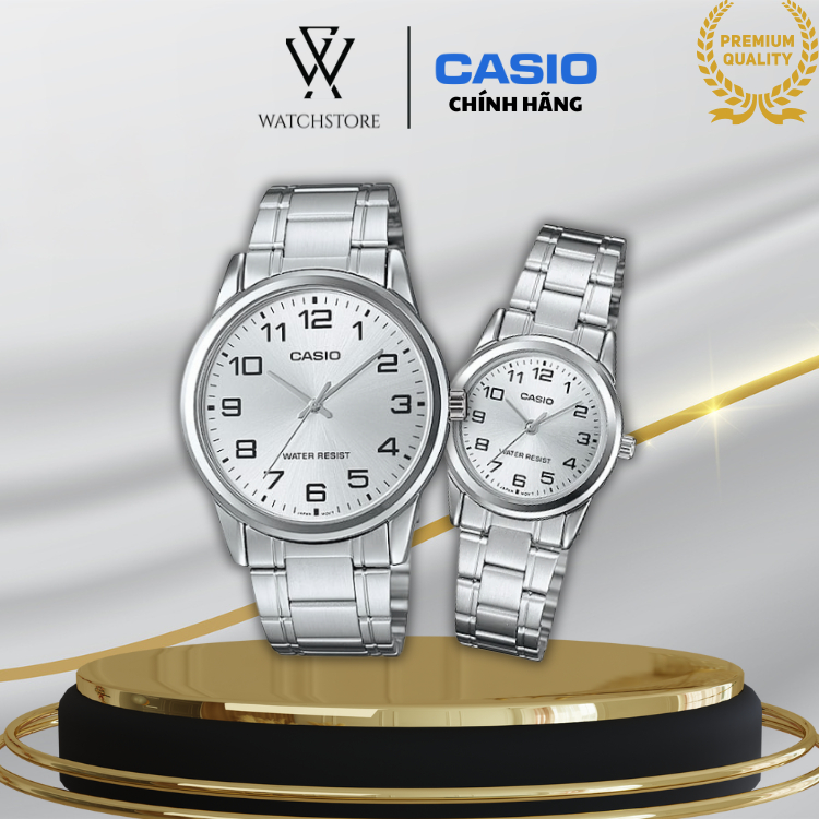 Đồng Hồ Đôi V001D-7BUDF Quartz Mặt Kính Khoáng Mặt Trắng Kim Bạc Dây và Vỏ Thép Không Gỉ Chống Nước Chính Hãng CASIO