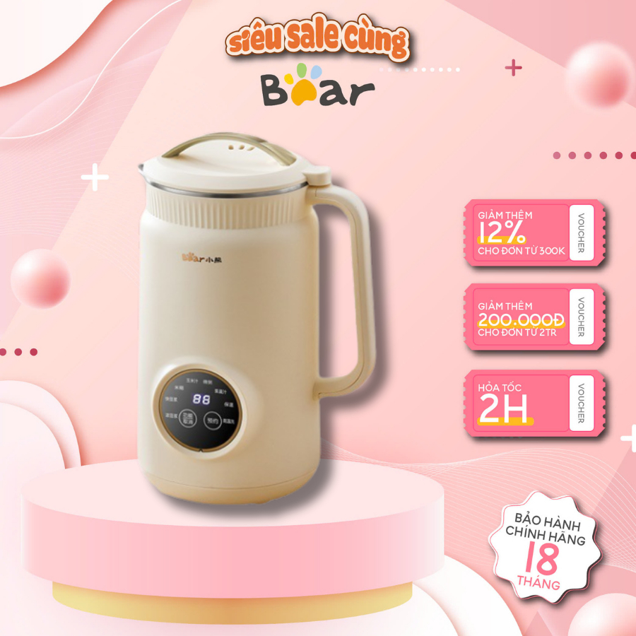 Máy làm sữa hạt 1L đa năng Bear SMM-4H06S (DJJ-D06W5), 800W, 8 chế độ nấu- 10 lưỡi inox- BH 18 Tháng