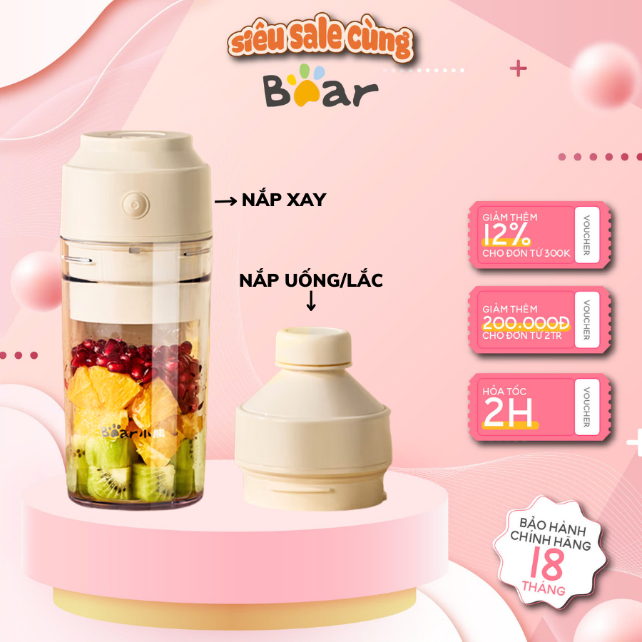 Máy xay sinh tố cầm tay 0.3L Bear LLJ-S04S6, 60W, Tích điện, 6 Lưỡi dao inox xay đá, Kèm nắp, BH 18T