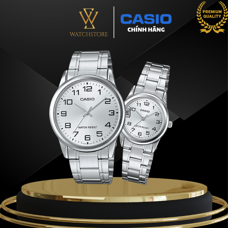 Đồng Hồ Đôi V001D-7BUDF Quartz Mặt Kính Khoáng Mặt Trắng Kim Bạc Dây và Vỏ Thép Không Gỉ Chống Nước Chính Hãng CASIO