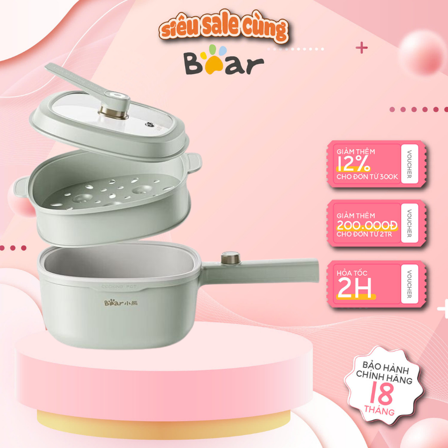 Nồi lẩu điện đa năng 3L Bear DRG-E30N2, Kèm Lồng Hấp, 1000W,Tráng men chống dính,có tay cầm,BH 18 Th