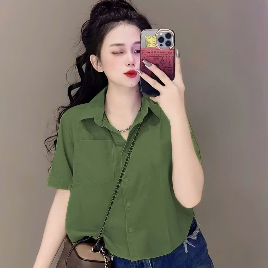 Áo sơ mi lụa croptop, áo sơ mi nữ tay ngắn, áo sơ mi công sở form rộng nhiều màu phong cách hàn quốc Qiho store A24