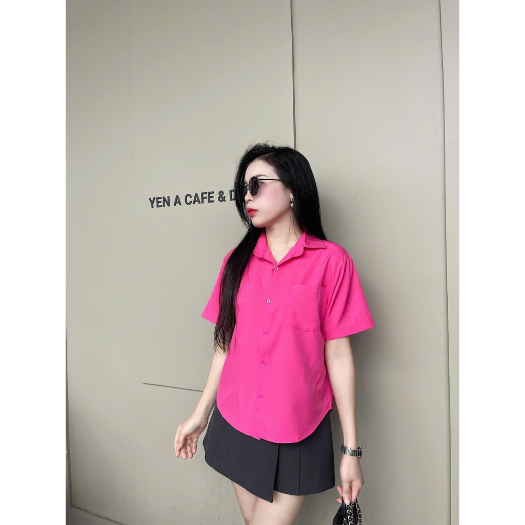 Áo sơ mi lụa croptop, áo sơ mi nữ tay ngắn, áo sơ mi công sở form rộng nhiều màu phong cách hàn quốc Qiho store A24 | BigBuy360 - bigbuy360.vn