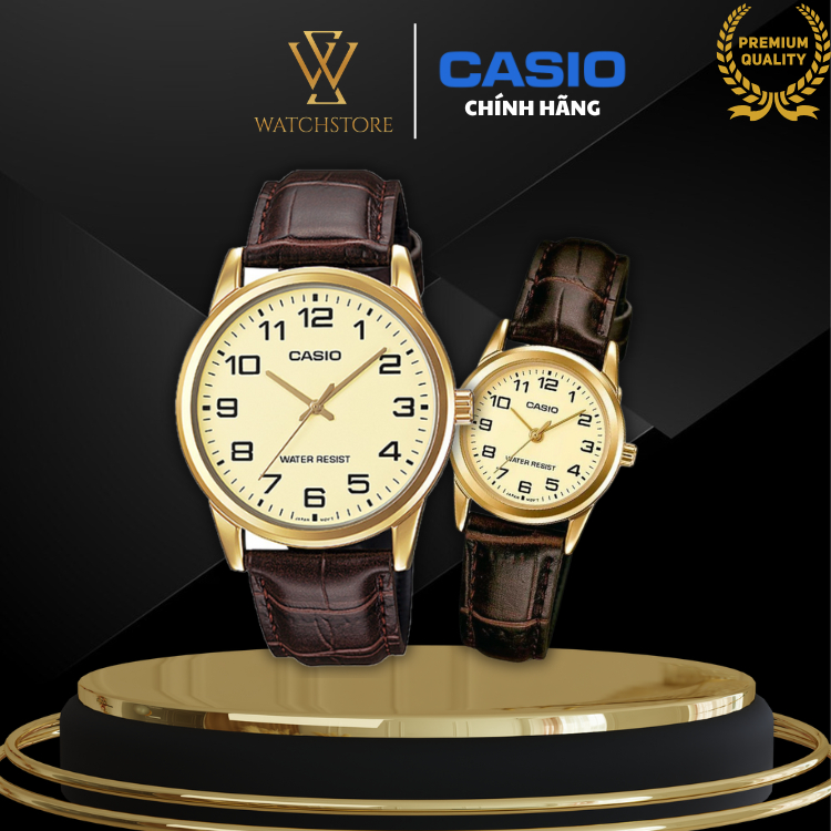 Đồng Hồ Đôi V001GL-9BUDF Quartz Kính Khoáng Mặt Vàng Kim Vàng Dây Da Vỏ Kim Loại Không Gỉ Chống Nước Chính Hãng CASIO