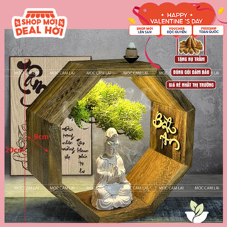 Tiểu Cảnh Xông Trầm Hộp Gỗ Bát Giác Đặt Tượng Phật (Size 20cm) Có Đèn, Đế Trụ Đốt Trầm ( Tặng kèm Nụ Trầm )