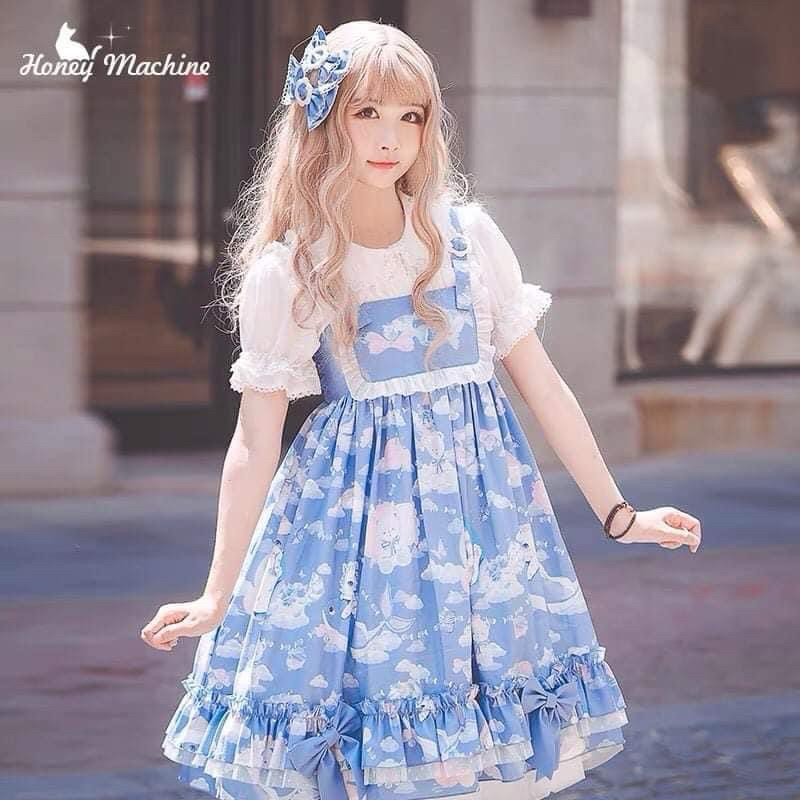 Váy đầm Lolita JSK chính hãng brand Honey Machine màu xanh dương mix hồng phối ren dễ thương công ch