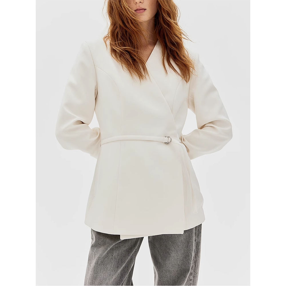 áo blazer Zara made in Morocco đắp vạt buộc eo trơn màu trắng đen nữ