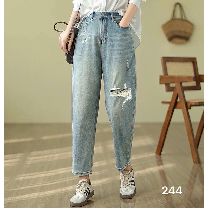 Quần Baggy Jean Nữ Bigsize 55-90kg Lưng Cao Phối Rách, Quần Bò Nữ Form Baggy Bigsize Ms244