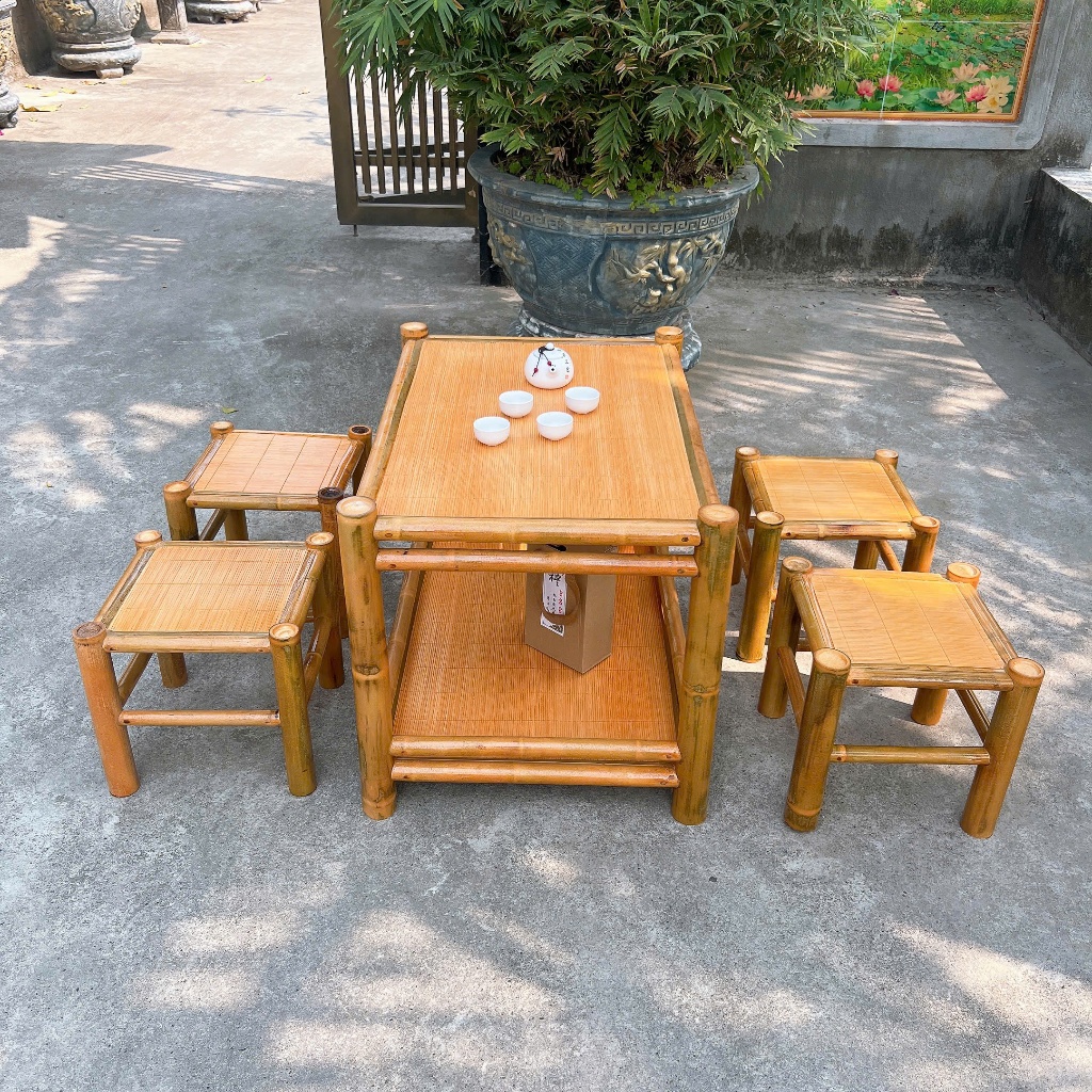 Bộ bàn tre 4 ghế ( thiết kế 2 tầng) Kích thước rộng 55cm, dài 80cm, cao 55cm