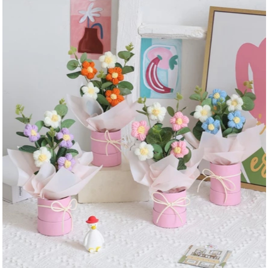 Set Chậu Hoa Len H01 Kèm Túi Đèn Làm Quà Tặng Valentine, Quà Tặng 8/3, Quà Sinh Nhật, Dịp Lễ
