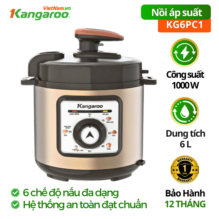 Nồi áp suất điện Kangaroo KG6PC1 - 6L, Nấu nhanh, An toàn, Tiết kiệm năng lượng