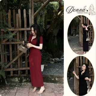  đầm nữ  váy nữ body dáng dài 2 màu đỏ đen basic tôn dáng đi chơi dự tiệc Donna Hcom25124 