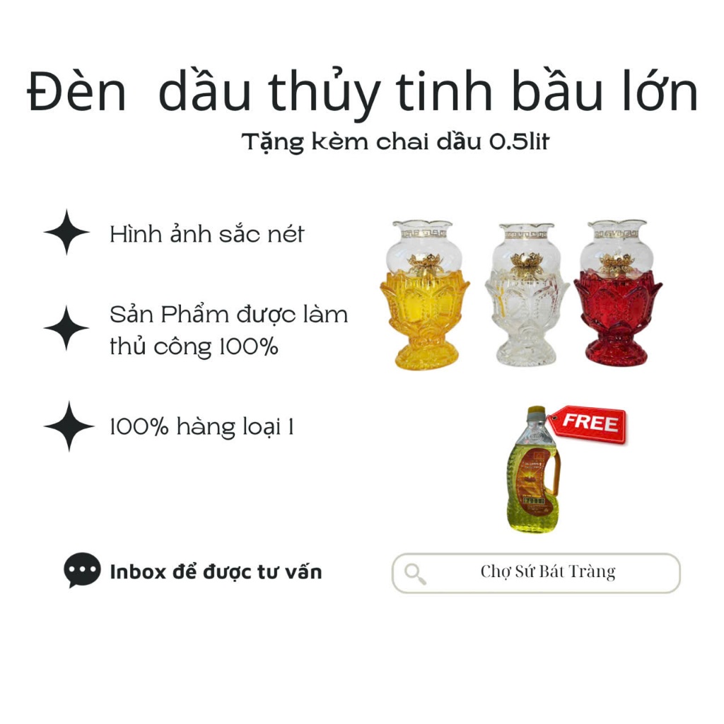 Đèn thờ sen thủy tinh nhiều màu (bầu lớn) - Tặng kèm dầu thắp