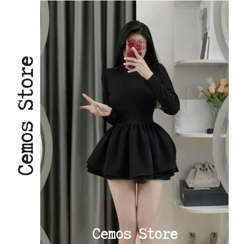 Váy đen dài tay dáng xoè ,Váy thun phối tafta ôm eo tôn dáng | BigBuy360 - bigbuy360.vn