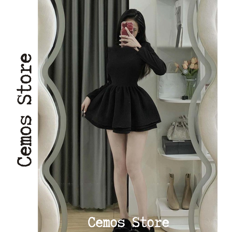 Váy đen dài tay dáng xoè ,Váy thun phối tafta ôm eo tôn dáng | BigBuy360 - bigbuy360.vn