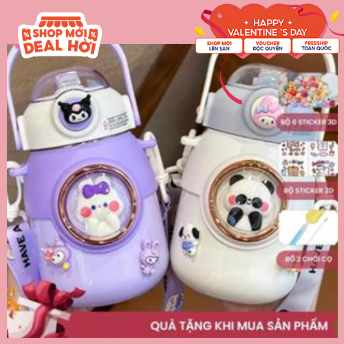 Bình giữ nhiệt cho bé đi học INOX 316 700ML bình nước trẻ em siêu dễ thương cute có dây đeo, có quà 