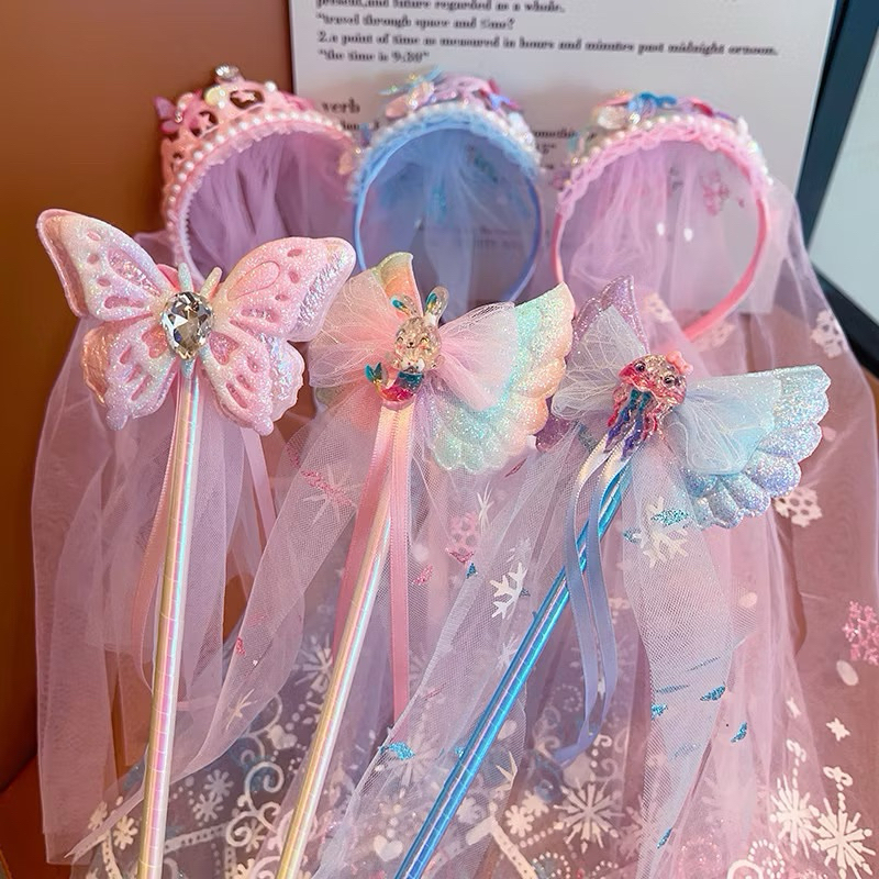 Phụ kiện vương miện voan và gậy thần cho bé gái phụ kiện tóc công chúa Elsa, phụ kiện cài tóc hóa tr