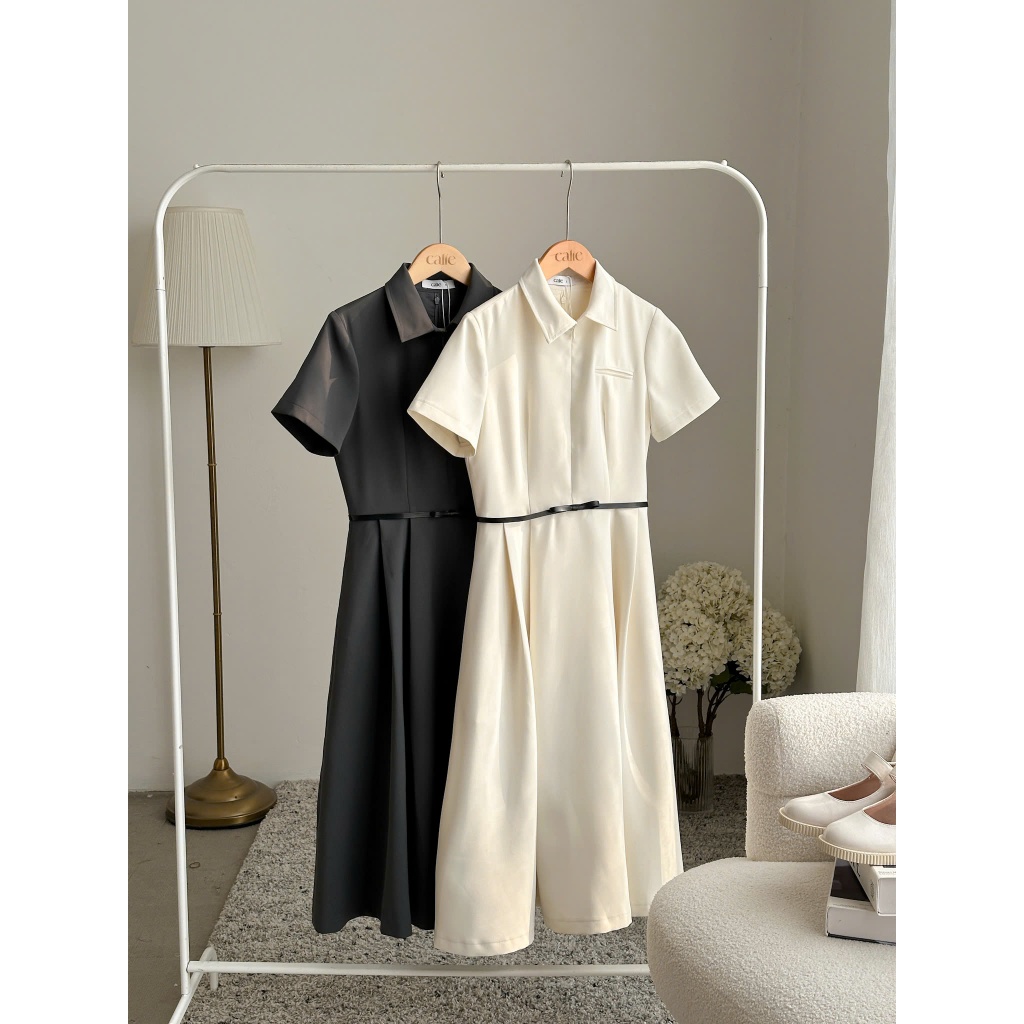 Váy dáng xòe cổ đức đai nơ eo, chất liệu cao cấp thời trang thiết kế Calie vx237 | BigBuy360 - bigbuy360.vn