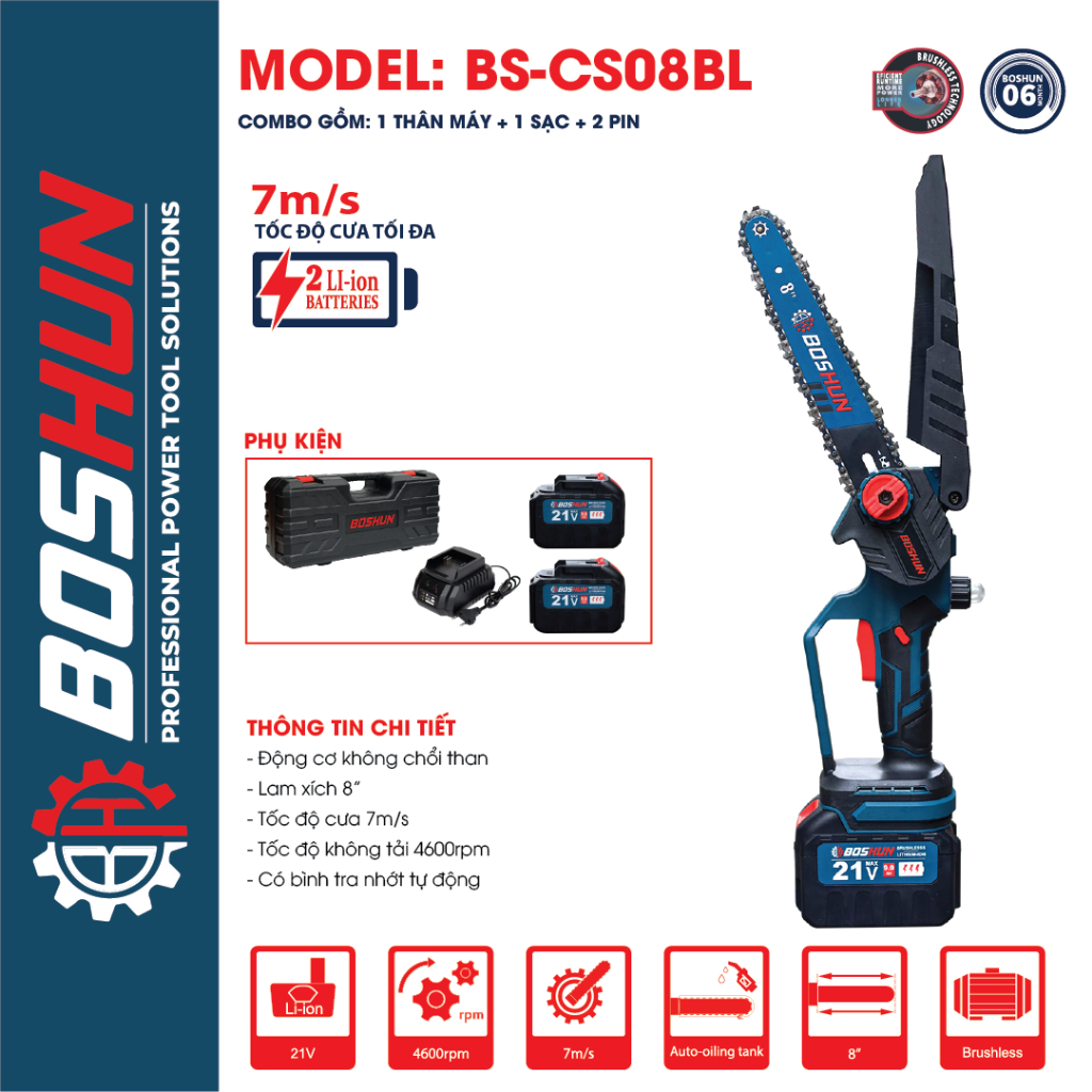 Máy Cưa Xích Dùng Pin BOSHUN BS-CS08BL, Lam Xích 8inch - Có Tra Nhớt, - Không Chổi Than
