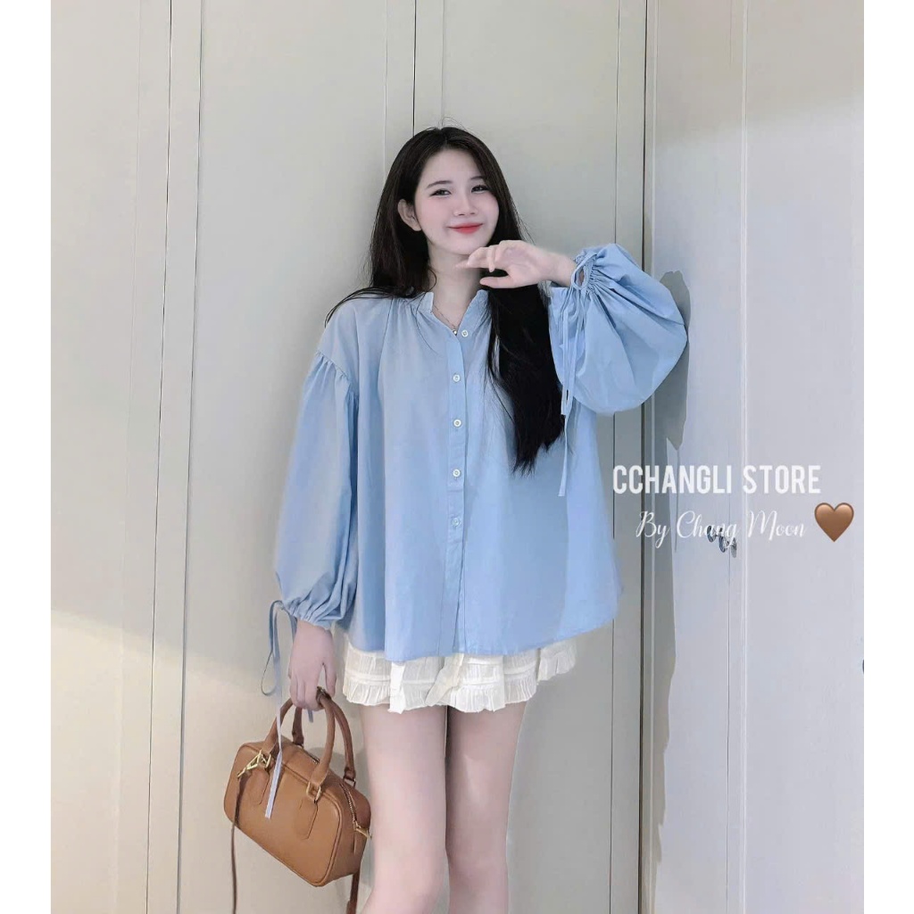 Áo Sơ Mi Babydoll Dài Tay Form Rộng Giấu Quần Tay Ly Bồng Size S M - Halinh Shop - Sơ Mi Nữ Tay Bồng