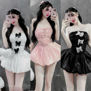 Đầm voan tơ cúp ngực đính nơ áo nhúng co giãn dáng váy bí phồng mặc đi tiệc sang chảnh