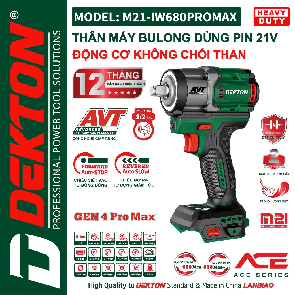 Máy siết bulong sử dụng pin DEKTON M21-IW680PROMAX (chưa pin sạc)