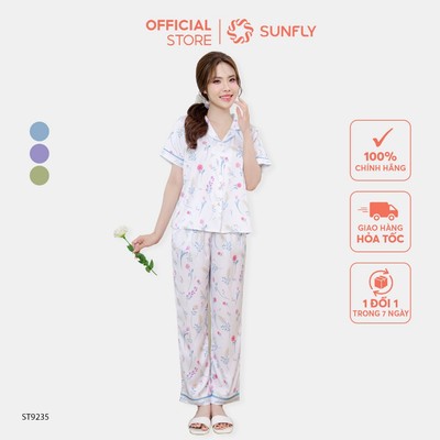 Bộ Pijamas nữ lụa latin SUNFLY ht áo cộc quần dài ST9235, thoải mái, tươi trẻ, nhẹ nhàng