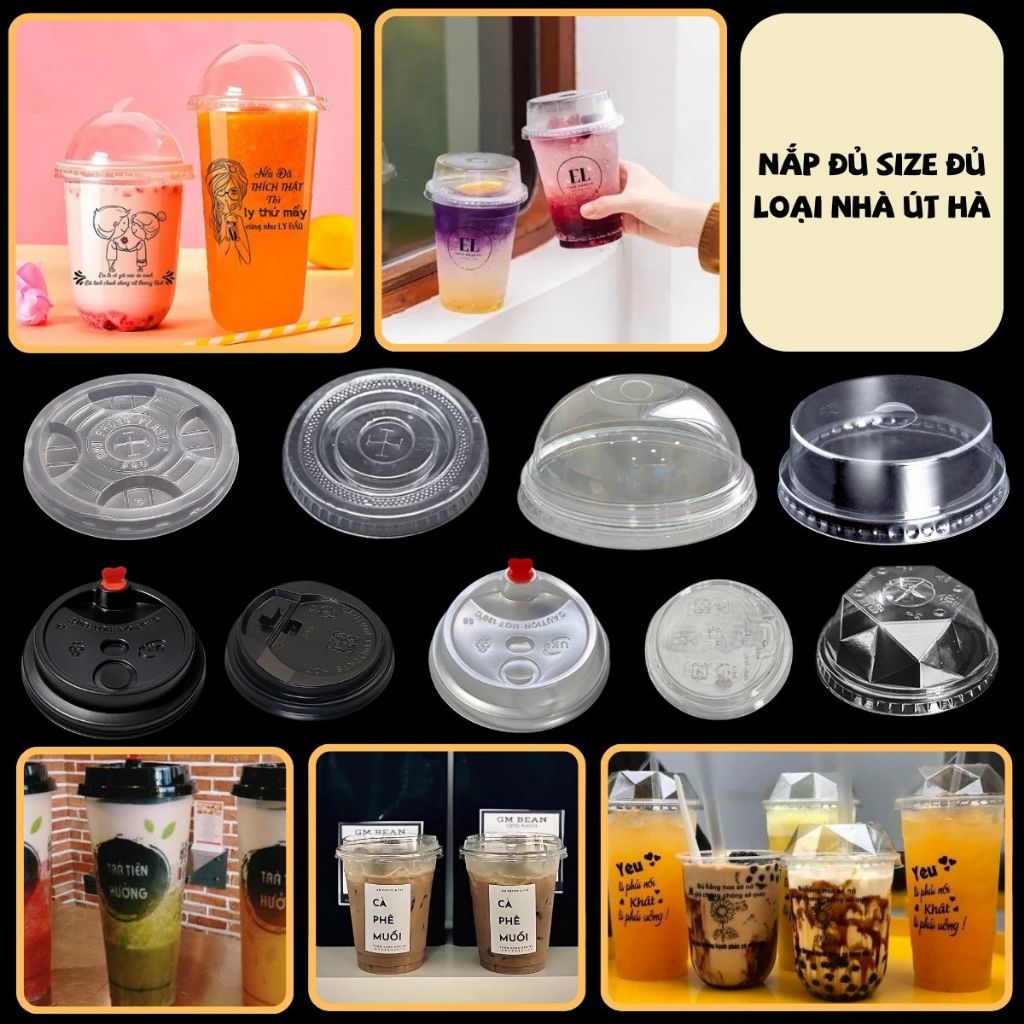 Lốc 50 Nắp ly/cốc nhựa (nắp phẳng, trực tiếp, cầu tròn, cầu vuông, tim đen, tim trong) cho ly sọc ly