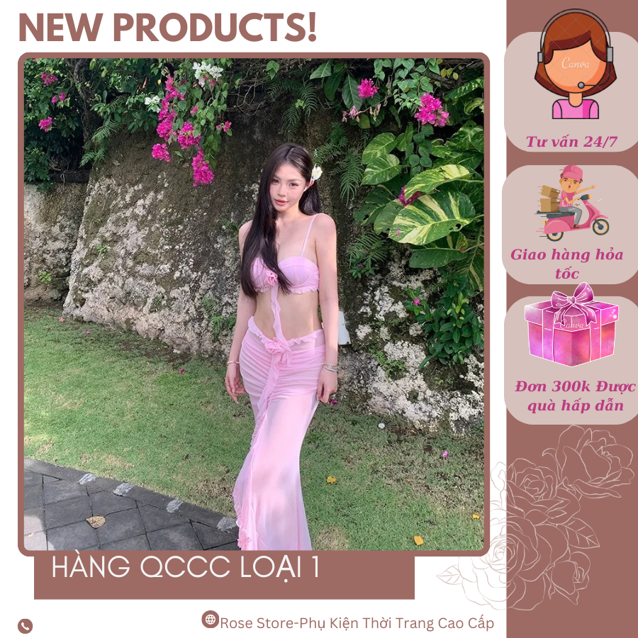 (RS0011) Set Bikini 3 Món Hồng, đồ tắm biển đẹp – đồ bơi Mút Ngực, Quần Bikini, Chân Váy Lưới Dịu Dà