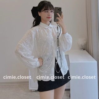 Áo sơ mi kiểu nữ cổ sen dài tay chất thô ren thêu hoa lỗ form rộng phong cách Hàn Quốc