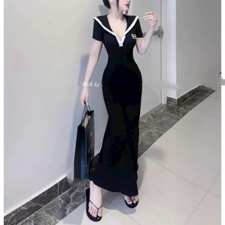  Đầm maxi nữ chất borip tici tay ngắn cổ V váy đuôi cá dài thích hợp mặc đi chơi đi dạo thiết kệ dịu dàng 