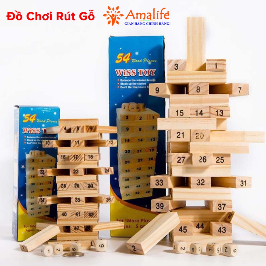 Bộ Đồ Chơi Rút Gỗ Cỡ Lớn – Chọn Size - 54 Thanh Rút Gỗ Kèm 4 Con Súc Sắc Cho Bé Chính Hãng Amalife