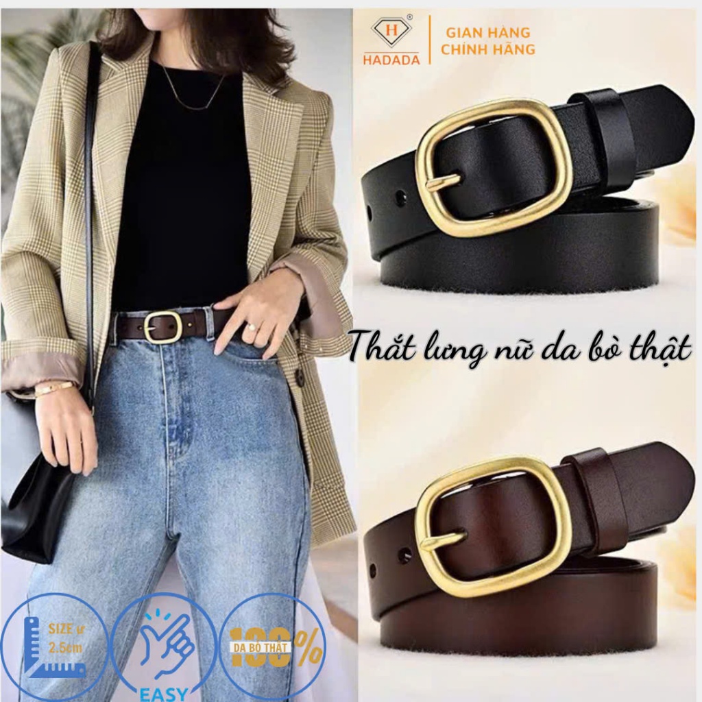 Thắt lưng nữ da bò thật HADADA khóa cài phong cách cổ điển DV340