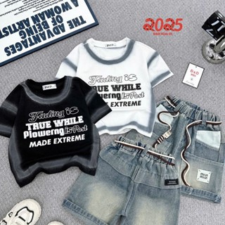 Bộ áo thun cộc tay in chữ quần ngố túi đáp độc đáo kèm dây rút cho bé trai từ 9 - 30kg