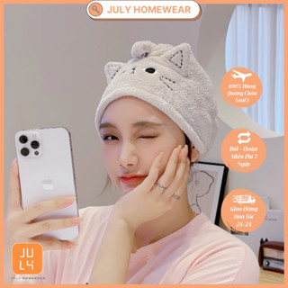 Khăn quấn ủ tóc JULY HOMEWEAR sấy tóc siêu thấm nước cao cấp, bộ mũ ủ tóc lông san hô hình con mèo