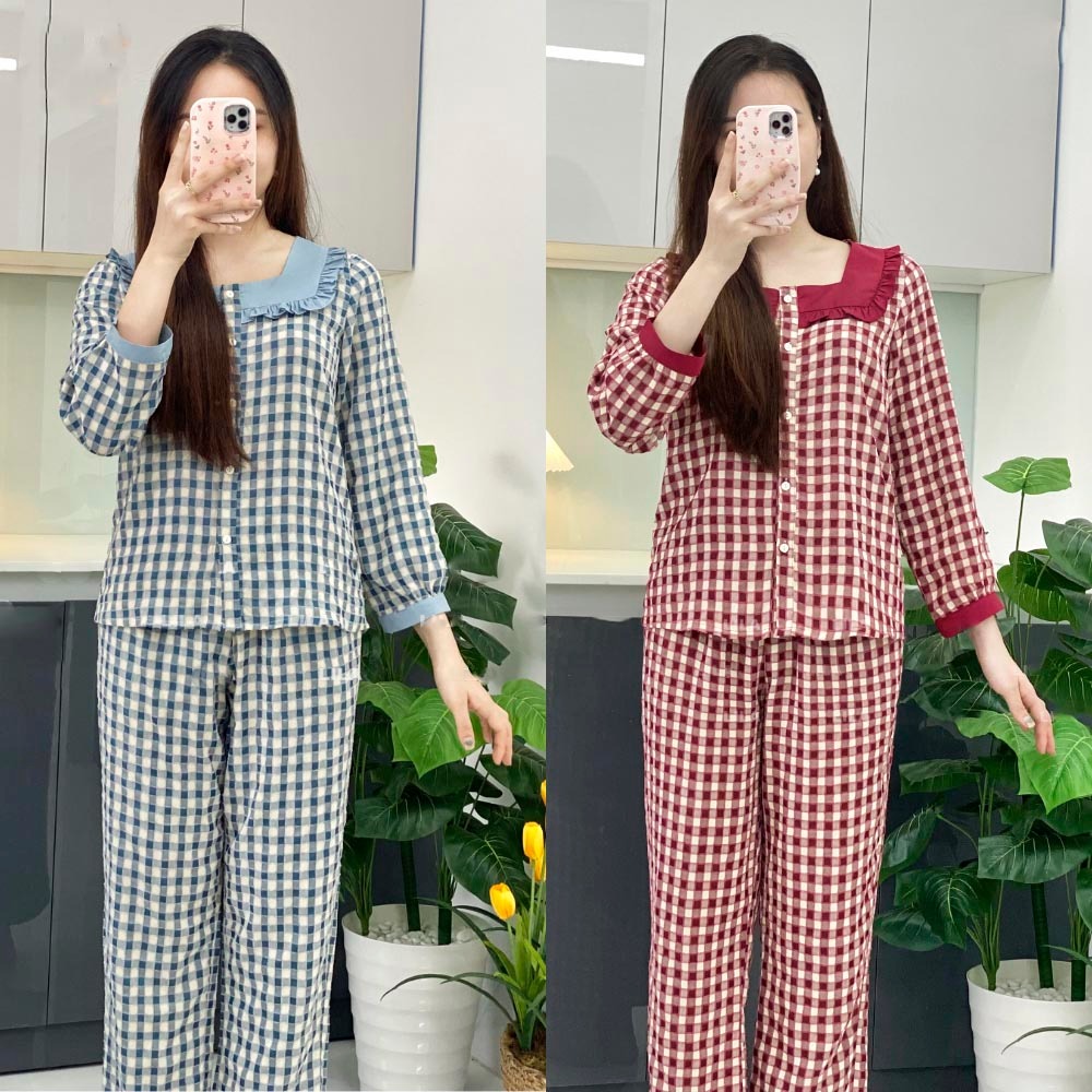 Đồ bộ pijama nhà Lila dài tay áo quần có túi kẻ caro cao cấp mềm mịn, mát khi mặc