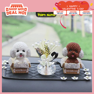 Trang trí taplo ô tô, chú cún Clever Dog đầu lắc lư gắn pha lê dễ thương sang chảnh, trang trí bàn học, trang trí xe hơi