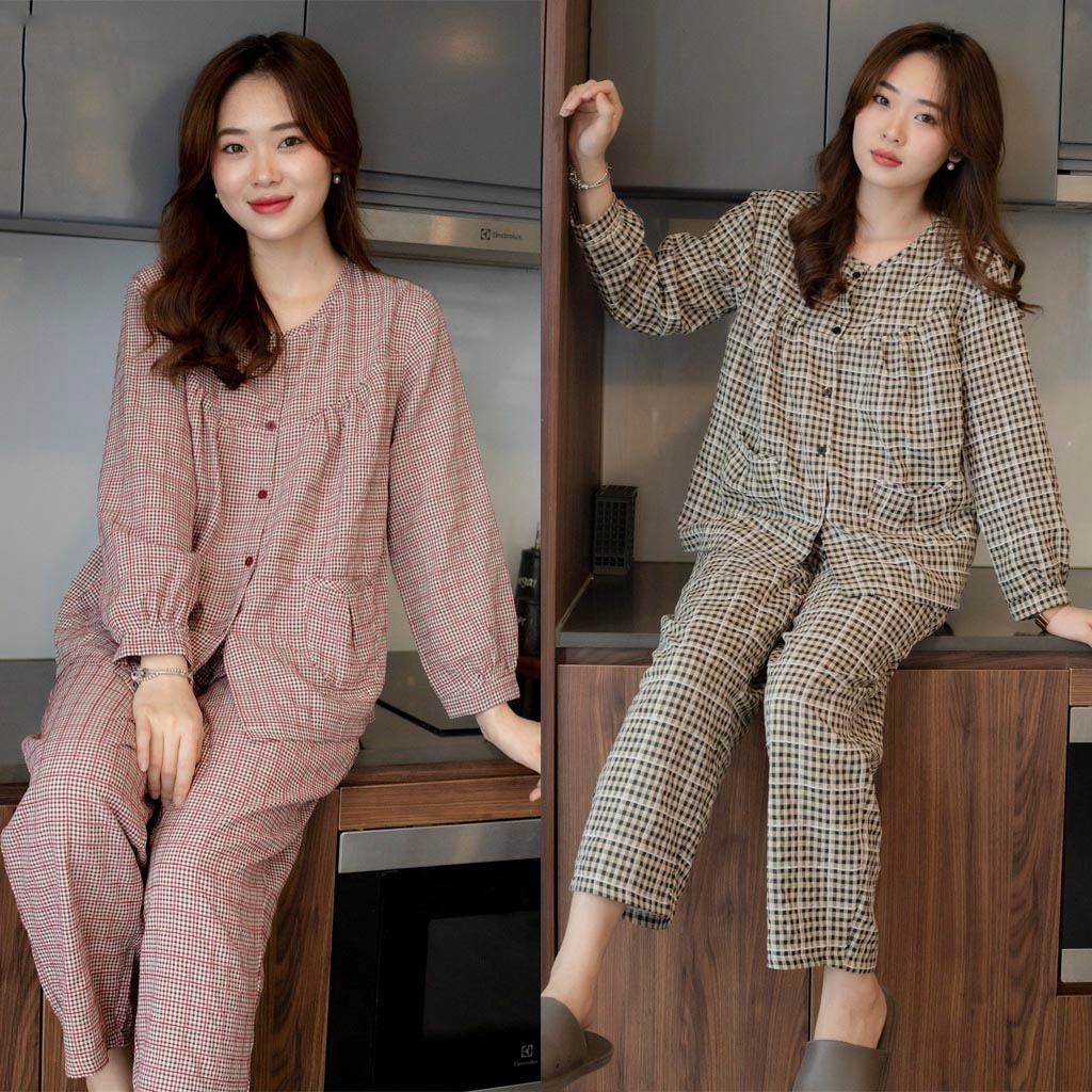 Đồ bộ pijama nhà Lila dài tay áo quần có túi kẻ caro cao cấp mềm mịn, mát khi mặc
