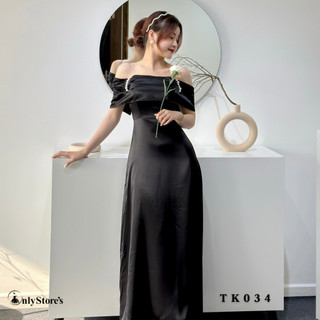 TK034 Đầm lụa trể vai dáng xòe kèm ngọc