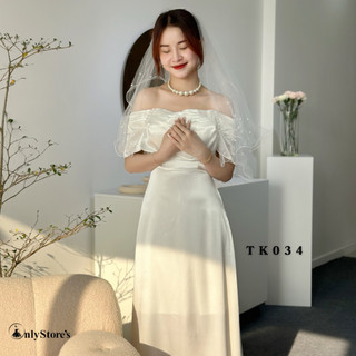 TK034 Đầm lụa trể vai dáng xòe kèm ngọc