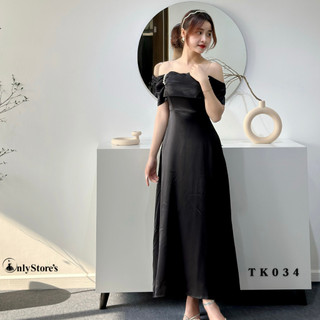 TK034 Đầm lụa trể vai dáng xòe kèm ngọc