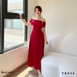 TK034 Đầm lụa trể vai dáng xòe kèm ngọc