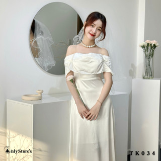 TK034 Đầm lụa trể vai dáng xòe kèm ngọc