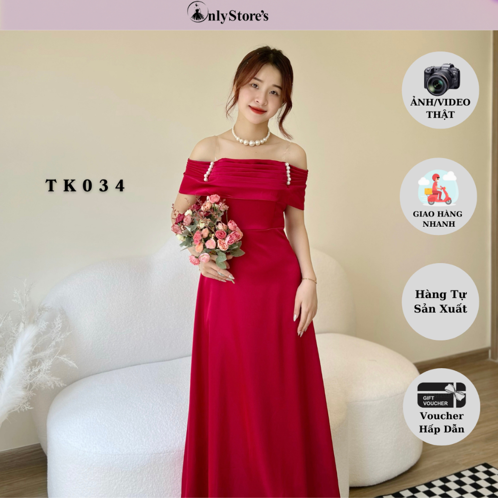 TK034 Đầm lụa trể vai dáng xòe kèm ngọc